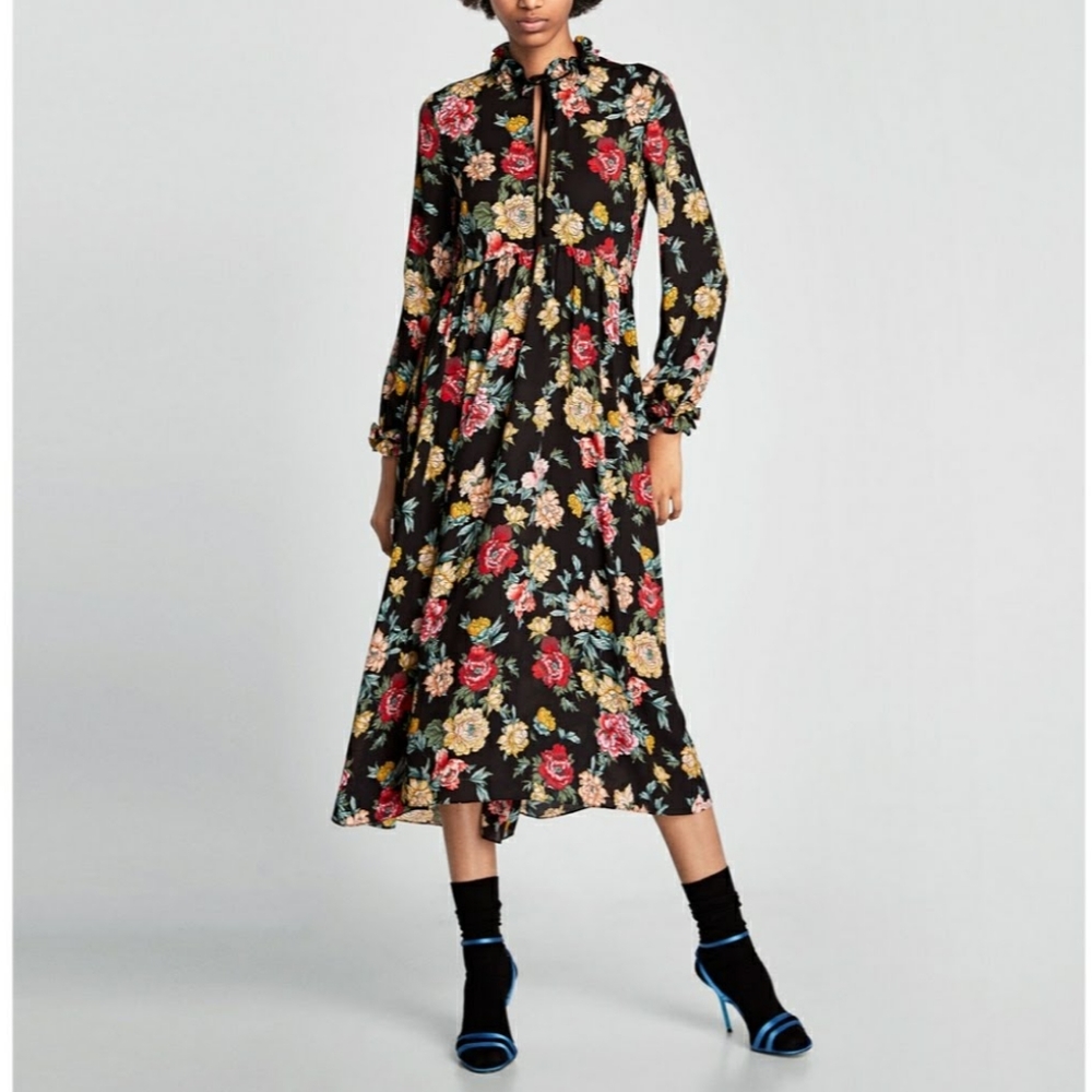 Zara Black Floral Print midi dress